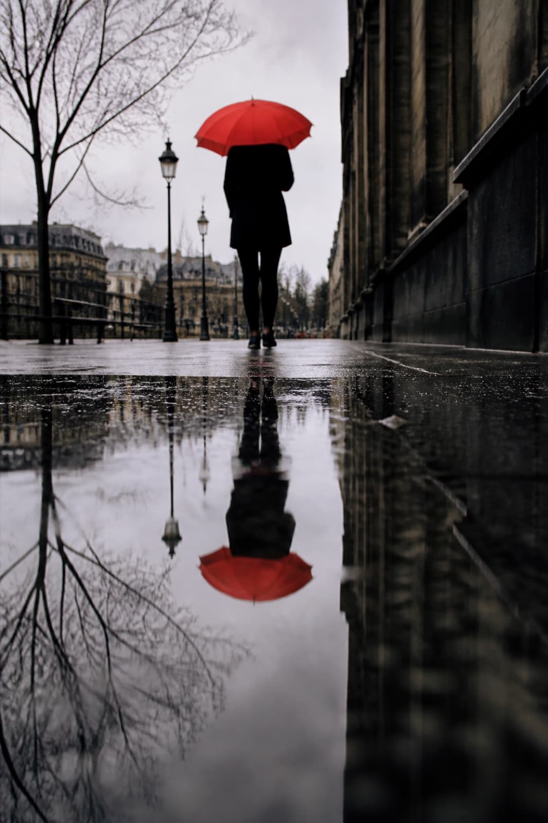 A street scene reflected in rain at night